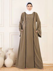 Oat Solid Handwork & Black Piping Detailing Luxury Abaya Burqa for Women With White Georgette Hijab