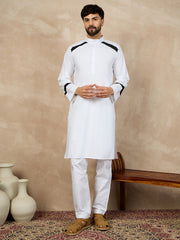 White Solid Mandarin Collar Cotton Kurta For Men With Piping Detailing