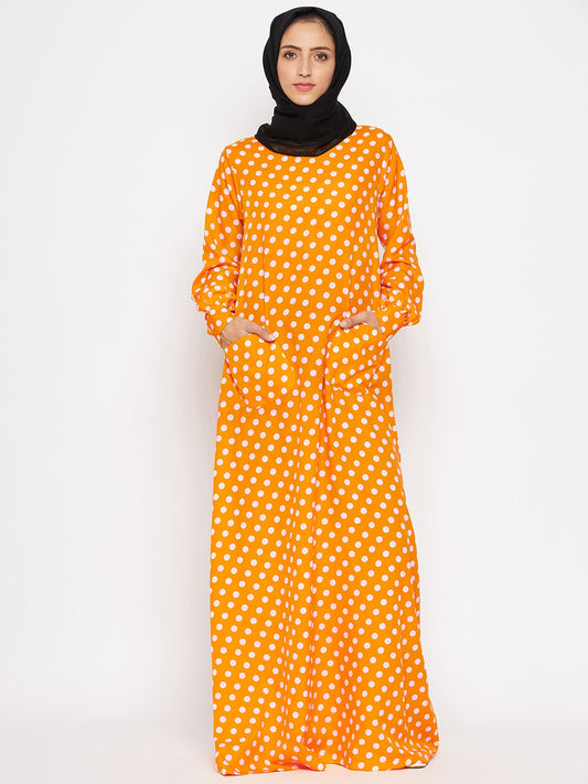 Yellow Polka Design Abaya for Women with Black Georgette Hijab