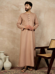 Beige Solid Plate Detailing Cotton Arabic Thobe For Men