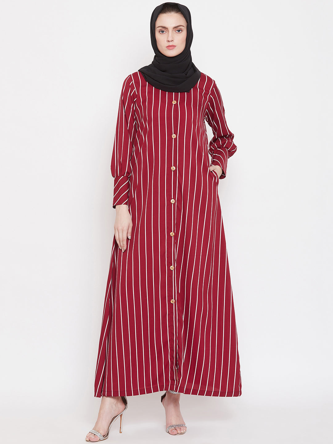 Maroon Stripe Front Open Abaya for Women with Black Georgette Scarf