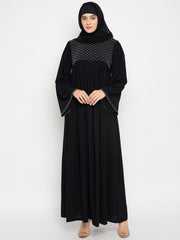 Hand Work Detailing Women Black Solid Luxury Abaya Burqa Paired With Black Hijab