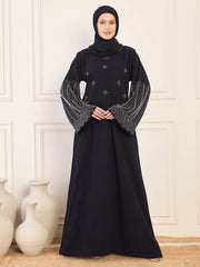 Black Solid Luxury Handworked Abaya Burqa for Women with Black Hijab