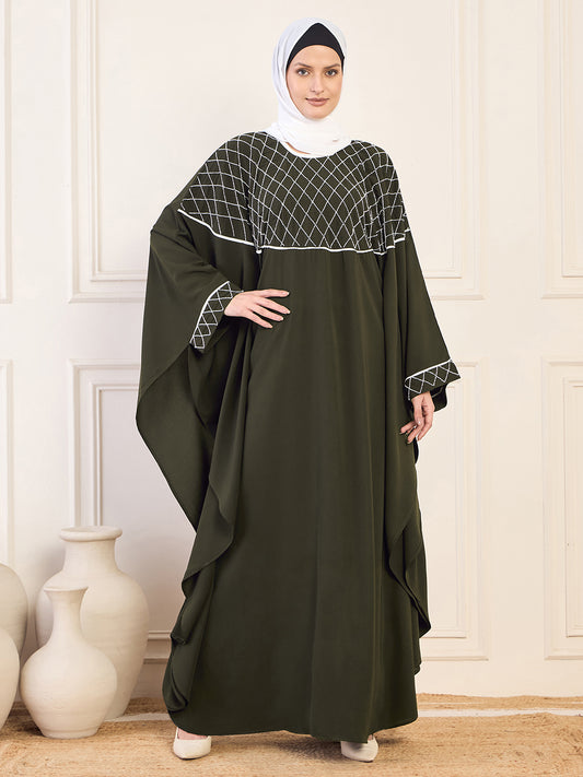 Handworked Olive Green Solid Luxury Kaftan Abaya for Women with White Georgette Hijab