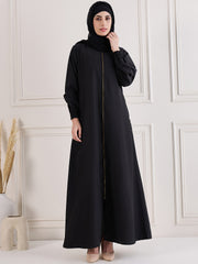 Front Open Zip-Closure Black Abaya Burqa Paired With Black Georgette Hijab