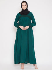 Bottle Green Solid Lace work Designed Abaya Dress for Women with Black Georgette Scarf