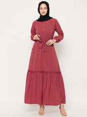 Rust Solid Frill Abaya Dress for Women with Black Georgette Scarf