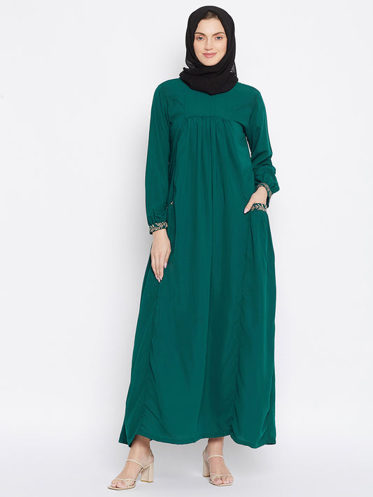 Bottle Green Abaya for Women with Chikan hand Embroidery with Black Georgette Scarf