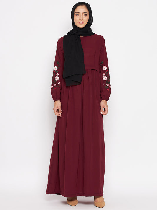 Maroon Chikan Hand Sleeve Embroidery Work Abaya for Women with Black Georgette Scarf