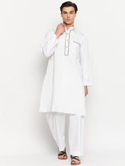 Embroidery Details Mens Solid White Mandarin Kurta