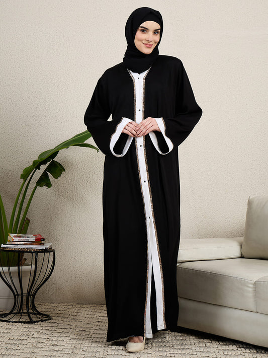 Front Open Embroidered Black Abaya for women with Scarf