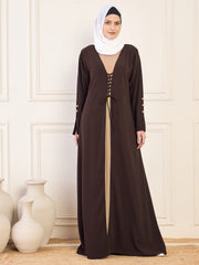 Brown and Beige Solid Shrug Abaya With White Georgette Hijab