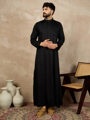 Men's Arabic Black Solid Mandarin Collar Cotton Thobe/Jubba