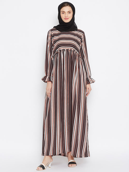 Brown Stripe Abaya Dress with Black Georgette Hijab