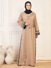 Beige Solid Luxury Hand worked Abaya Burqa for Women with Black Georgette Hijab