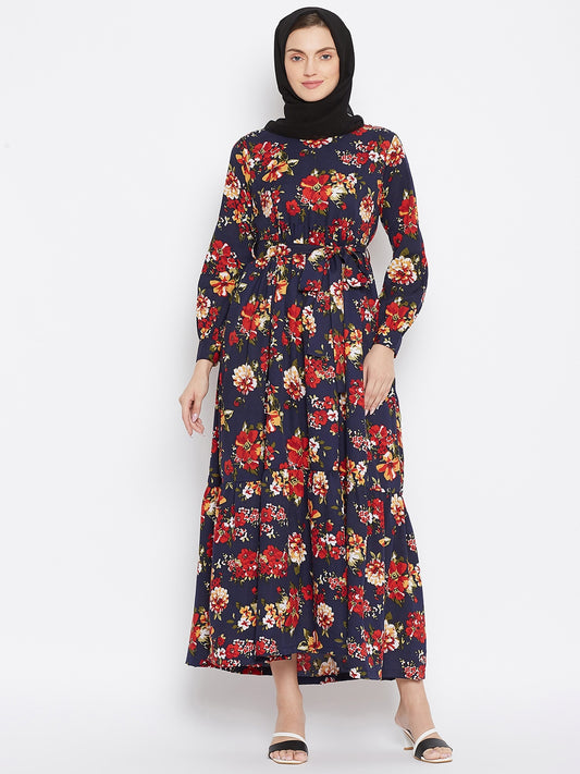 Blue and Red Floral Printed Crepe Frill Abaya Dress for Women with Black Georgette Scarf