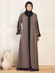 Grey Solid  Black Piping Detailing Aline Abaya Burqa With Black Georgette Hijab