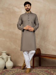 Grey Solid Cotton Kurta and White Pajama Set For Men