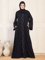 Handwork Detailing & Bell Sleeves Black Solid Luxury Abaya Burqa for Women with Black Hijab