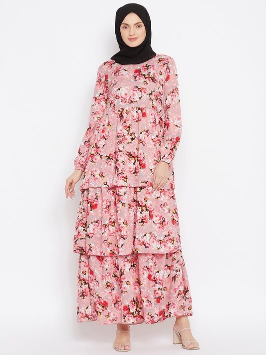 Pink Floral Printed Crepe 3 Frill Abaya Dress for Women with Black Georgette Hijab