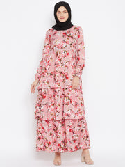 Pink Floral Printed Crepe 3 Frill Abaya Dress for Women with Black Georgette Hijab