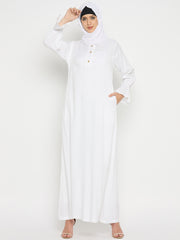 Umrah / Hajj Rayon Solid White Abaya for Women with Black Georgette Scarf