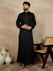 Men's Arabic Black Solid Cotton Thobe With Piping Detailing