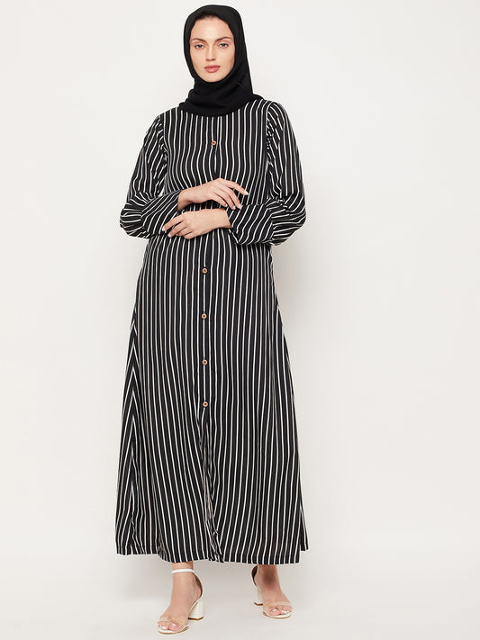 Black Stripe Front Open Abaya for Women with Black Georgette Scarf