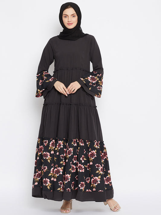 Olive Black Floral Printed Frill Abaya Dress with Black Georgette Hijab