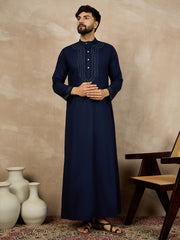 Blue Solid Thread Detailing Cotton Arabic Jubba / Thobe For Men