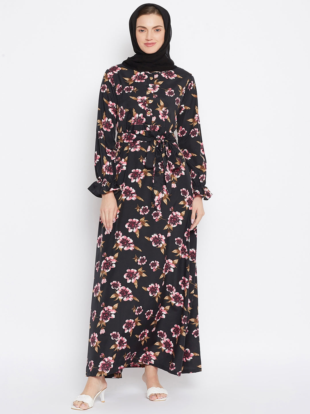 Black Floral Printed Crepe Abaya Dress with Black Georgette Hijab