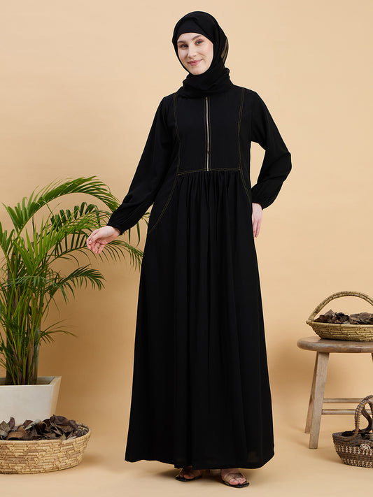 Modest Black Solid Zip Abaya Burqa with Georgette Hijab