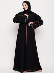 Black A-Line Pink Piping Design Abaya for Women with Black Georgette Hijab