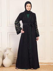 Black and Bottle Green Solid Luxury Hand worked Abaya Burqa for Women with Black Hijab