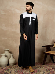 Black Solid Arabic Cotton Thobe For Men with White Piping Detailing