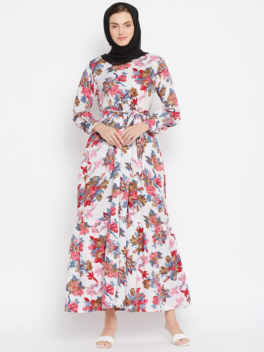 White Floral Printed Crepe Frill Abaya Dress for Women with Black Georgette Scarf