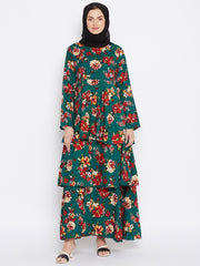 Bottle Green Floral Printed Crepe 3 Frill Abaya Dress for Women with Black Georgette Hijab