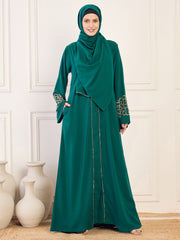 Front Open Bottle Green Solid Hand Work Detailing Luxury Abaya Burqa For Women With Matching Hijab