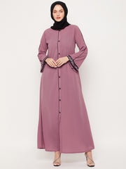 Puce Pink Embroidery Work Front Open Abaya for Women with Black Georgette Scarf