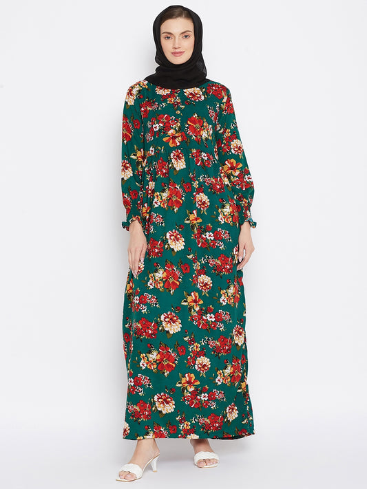 Bottle Green Floral Printed Crepe Abaya Dress with Black Georgette Hijab