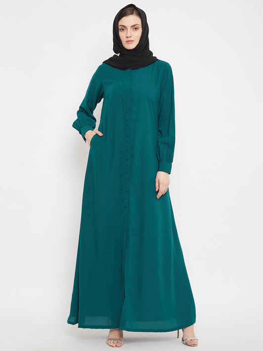 Front Open Bottle Green Solid Mandarin Collar Abaya Burqa With Black Hijab