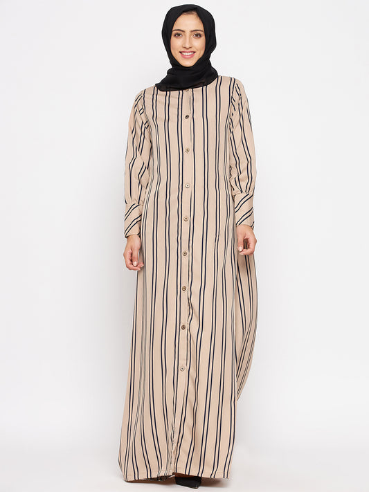 Beige Stripe Front Open Abaya for Women with Black Georgette Scarf