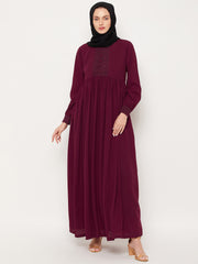 Maroon Solid Lace Work Design Abaya for Women with Black Georgette Scarf