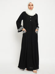 Embroidery Work Solid Black Abaya Burqa For Women With Black Georgette Scarf