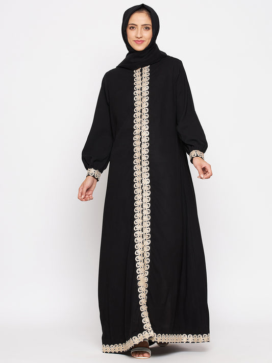 Black Embroidery Nida Matte Abaya Dress For Women With Black Georgette Hijab