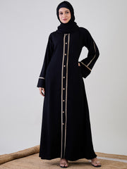 Front Open Embroidered Bell Sleeves Black Abaya Burqa With Black Georgette Hijab