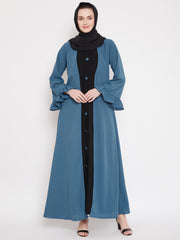 Blue & Black Bell Sleeves Abaya for Women with Black Georgette Scarf