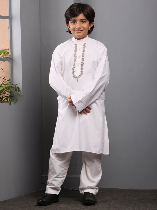 Embroidered Solid White Kurta Pajama Set For Kids Boys