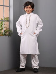 Embroidered Solid White Kurta Pajama Set For Kids Boys