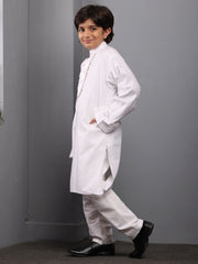 Embroidered Solid White Kurta Pajama Set For Kids Boys